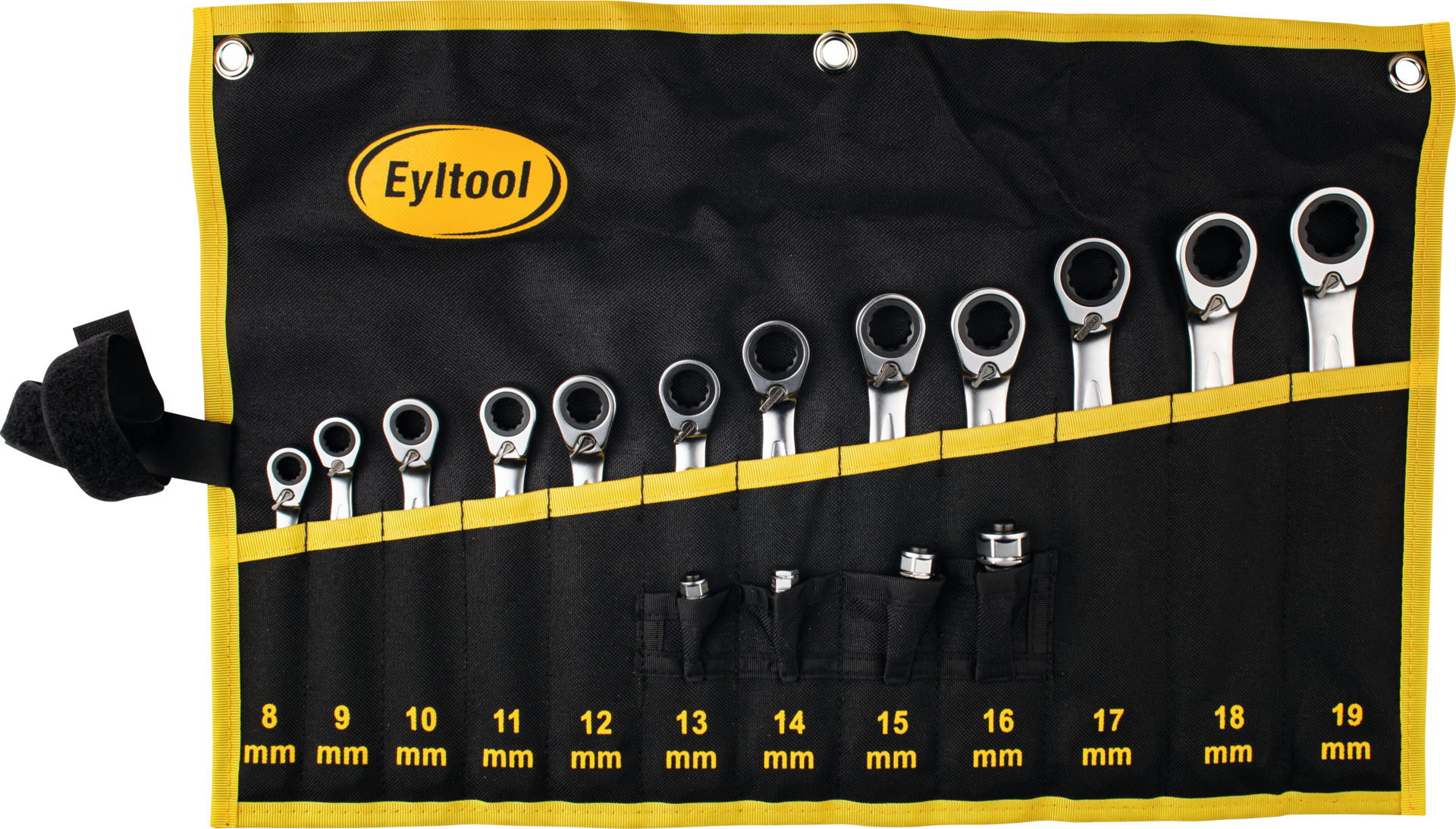 Ringmaulschlüssel Ratsche umschaltbar Satz 16-tlg. mit Adaptersatz in Rolltasche SW8-19mm