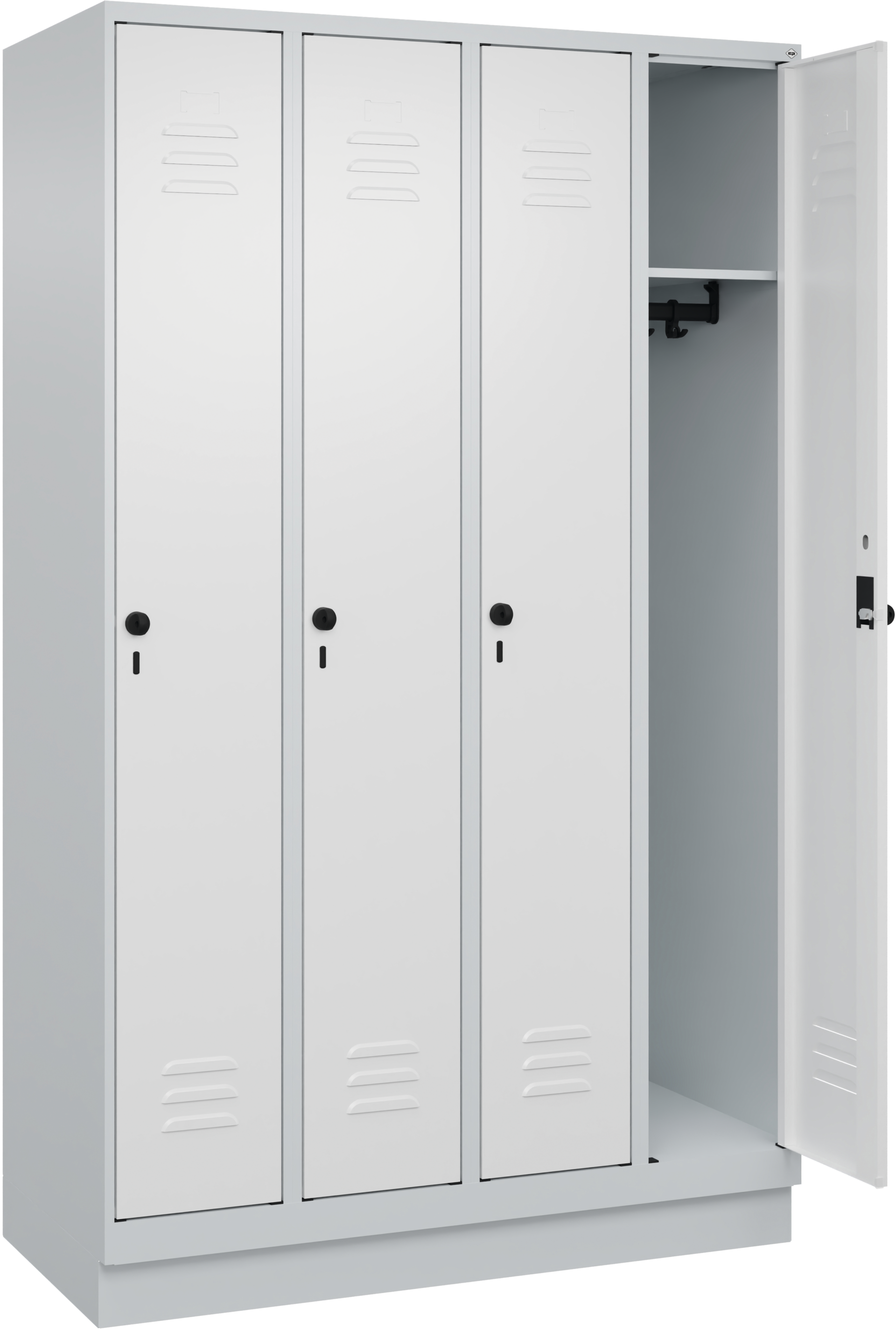 Garderobenschrank mit Sockel 4 Abteile 300mm RAL7035 H1950 x T500 x B1200mm