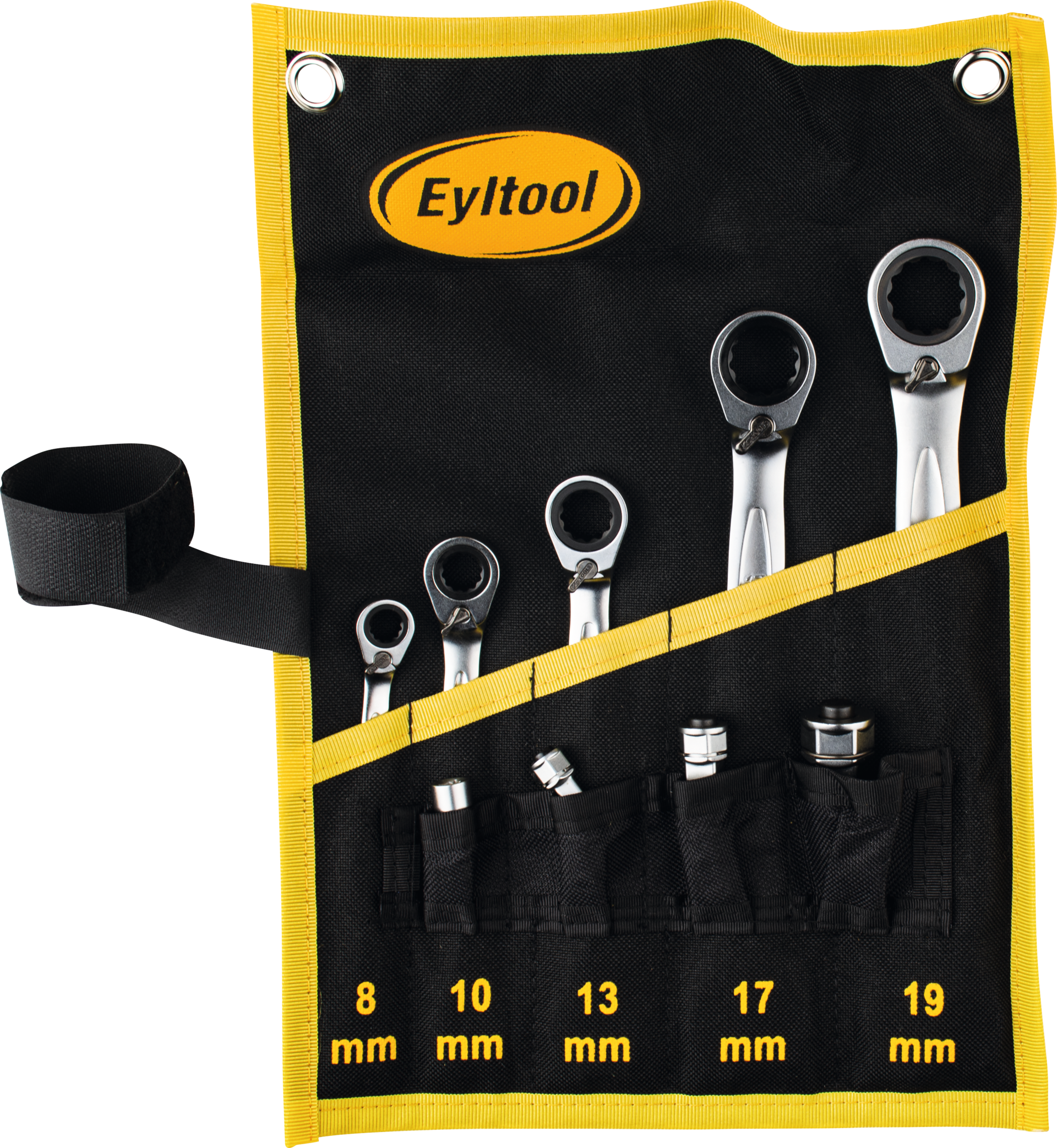 Ringmaulschlüssel Ratsche umschaltbar Satz 9-tlg. mit Adaptersatz in Rolltasche SW8-19mm