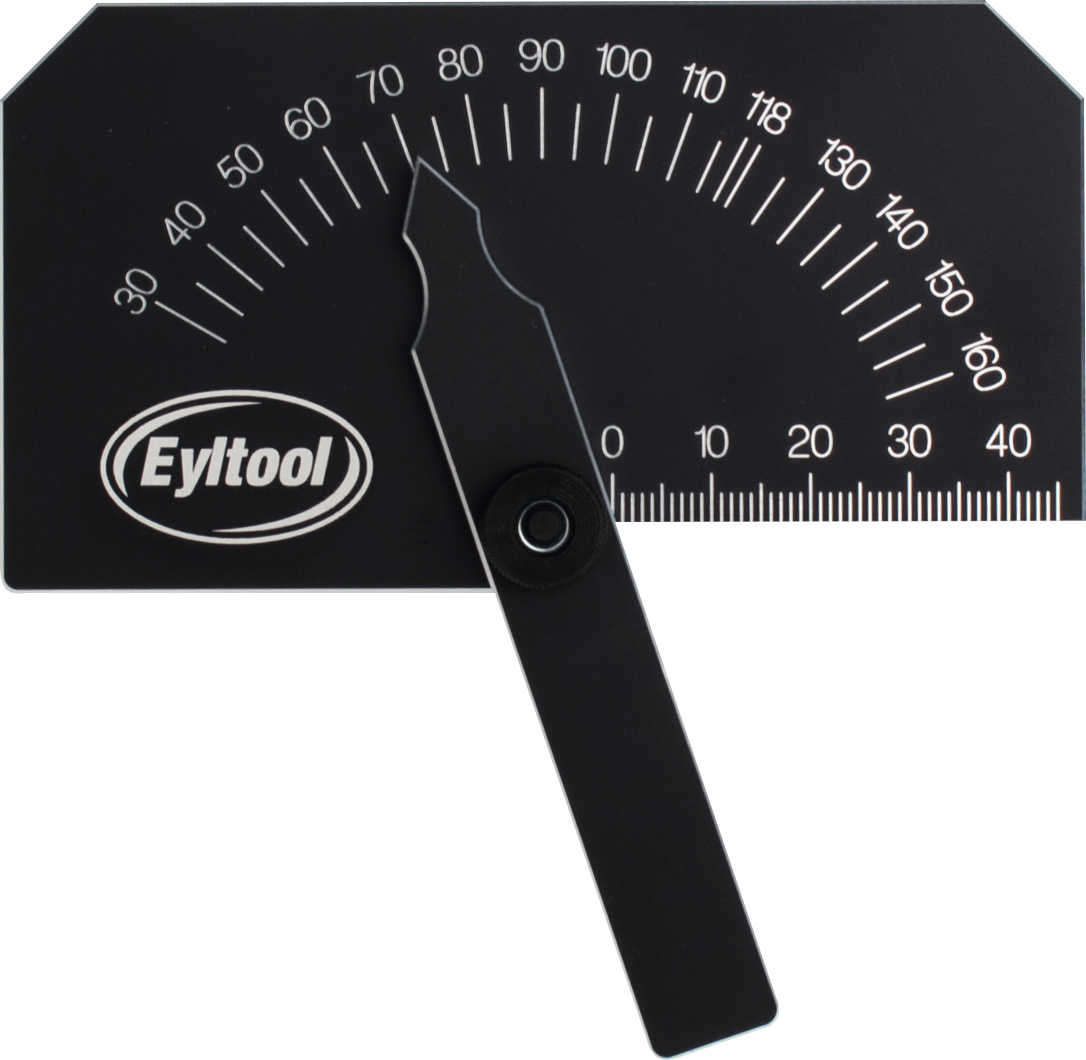 Spiralbohrerschleiflehre MB30°-160° mit Zeigerfestst. Rückseite mit Gewindetabelle