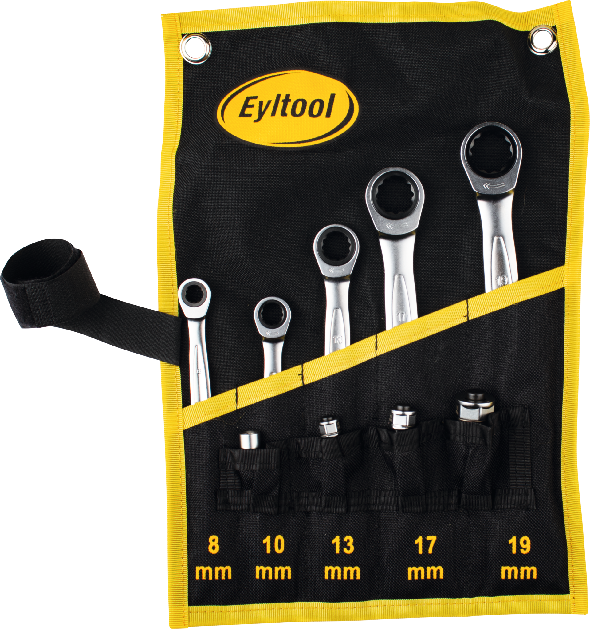 Ringmaulschlüssel Ratsche Satz 9-tlg. mit Adaptersatz in Rolltasche SW8-19mm
