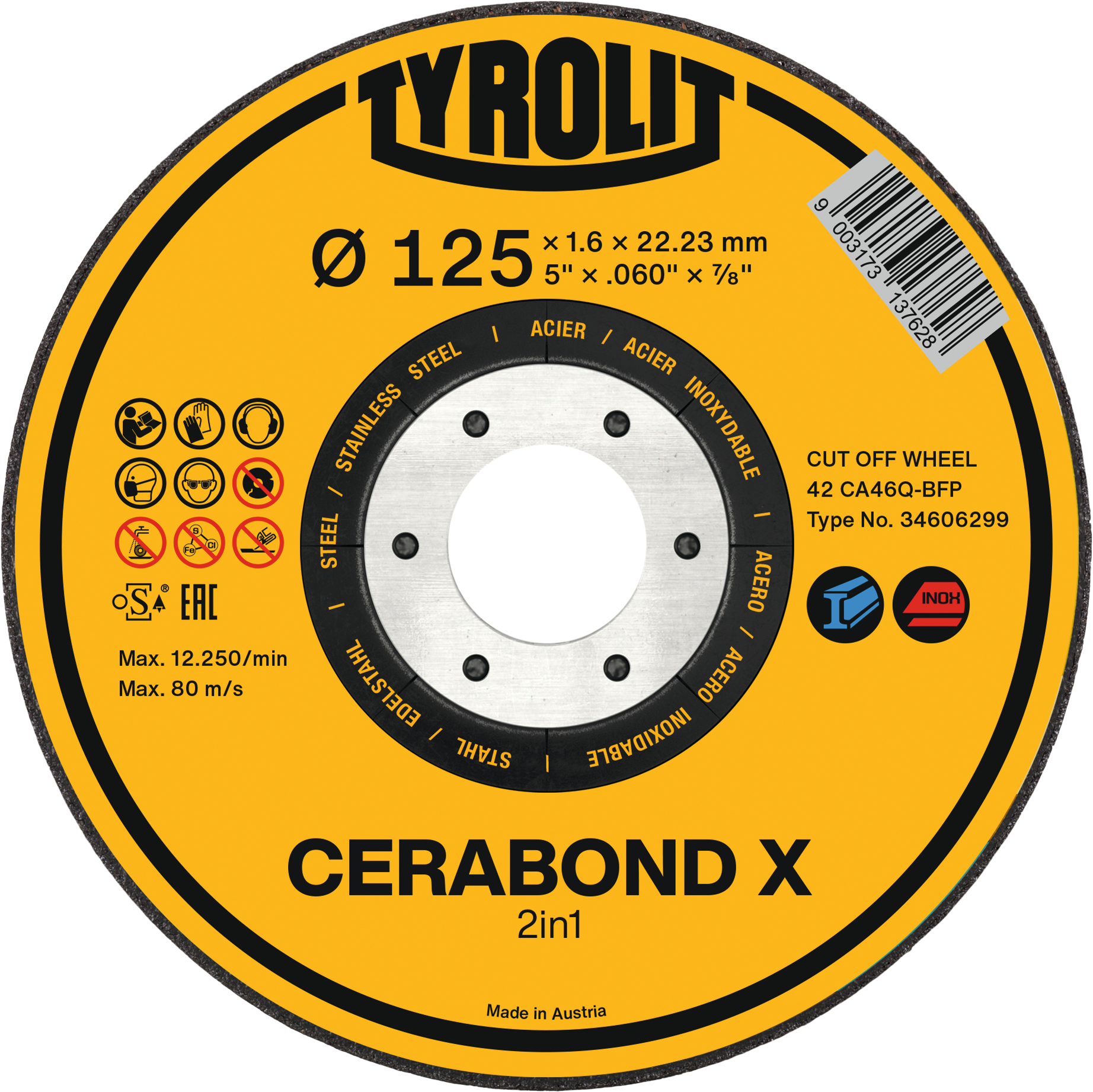 Trennscheibe Premium CERABOND X Stahl/VA gekröpft D125mm B1,6mm Bohrung 22,23mm