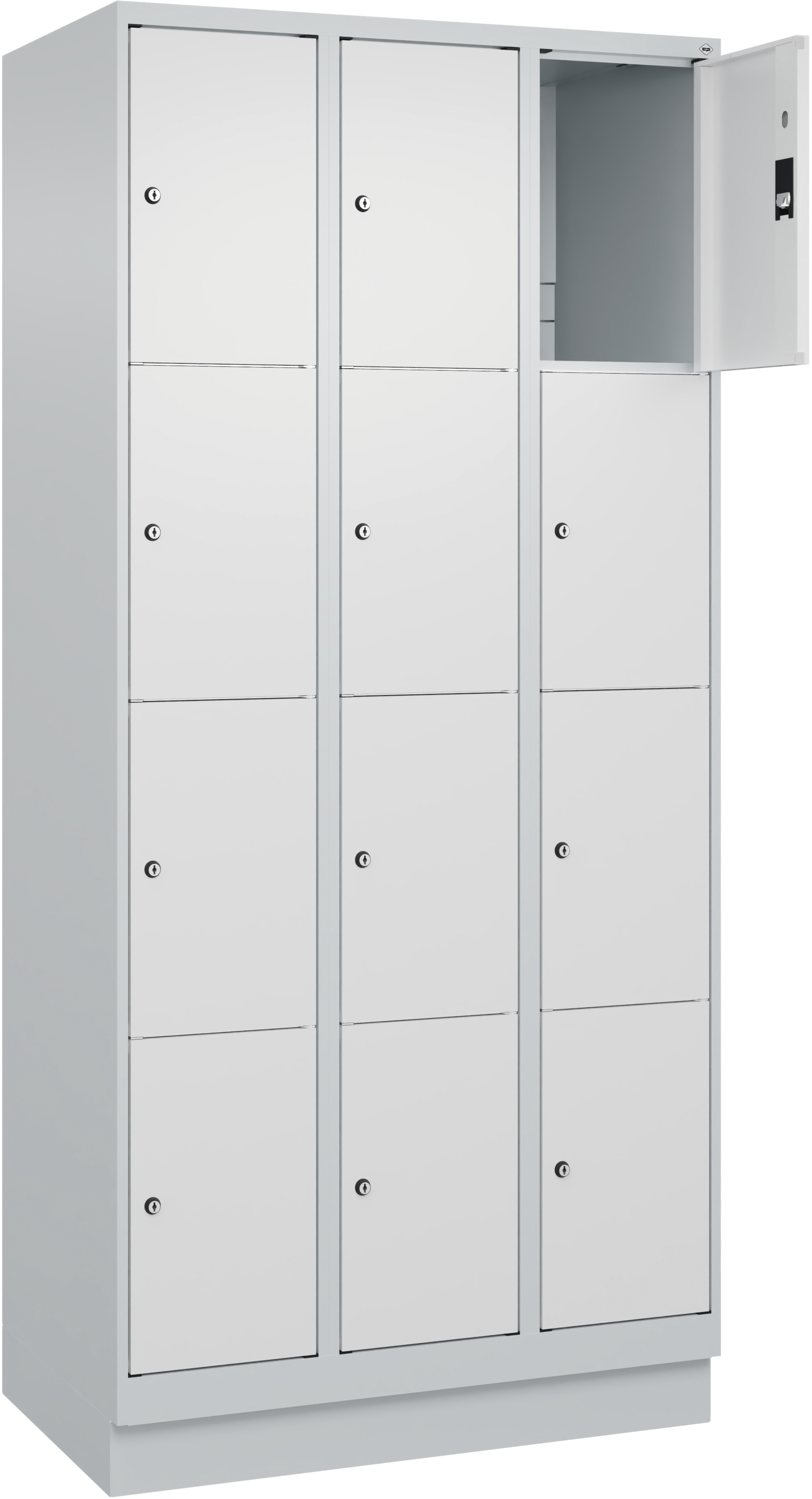 Fächerschrank 4 Fächer übereinander mit Sockel RAL7035 B900 x H1950 x T500mm 12 Fächer