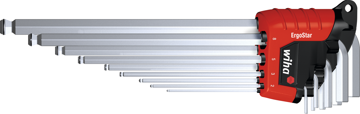 Stiftschlüssel Sechskant lang mit Haltering Satz 9-tlg. DIN911 mit Kugelkopf SW1,5-10mm