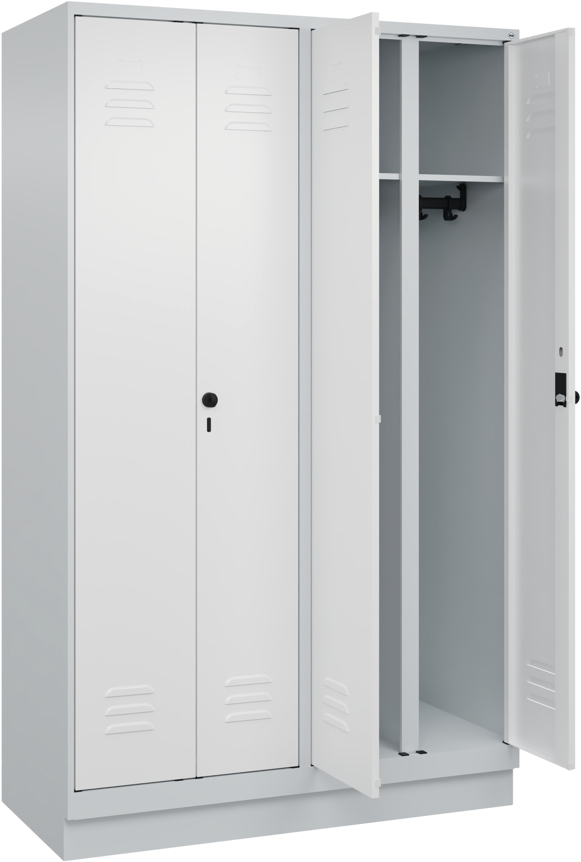 Doppel-Garderobenschrank mit Sockel 4 Abteile 300mm RAL7035 H1950 x T500 x B1200mm