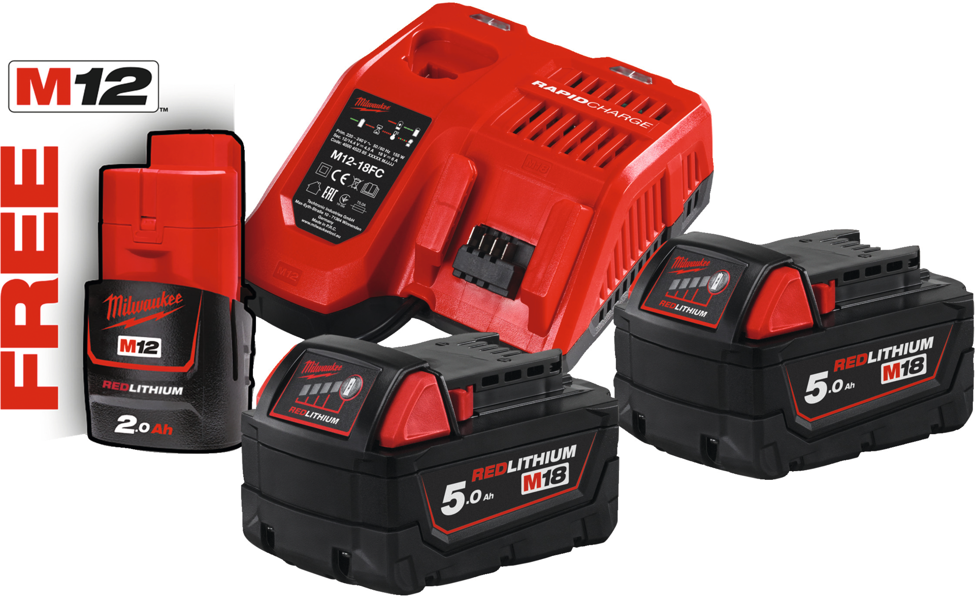 Basisset M18 NRG-502 1xAkku 12V/2Ah 2xAkku 18V/5Ah und Ladegerät