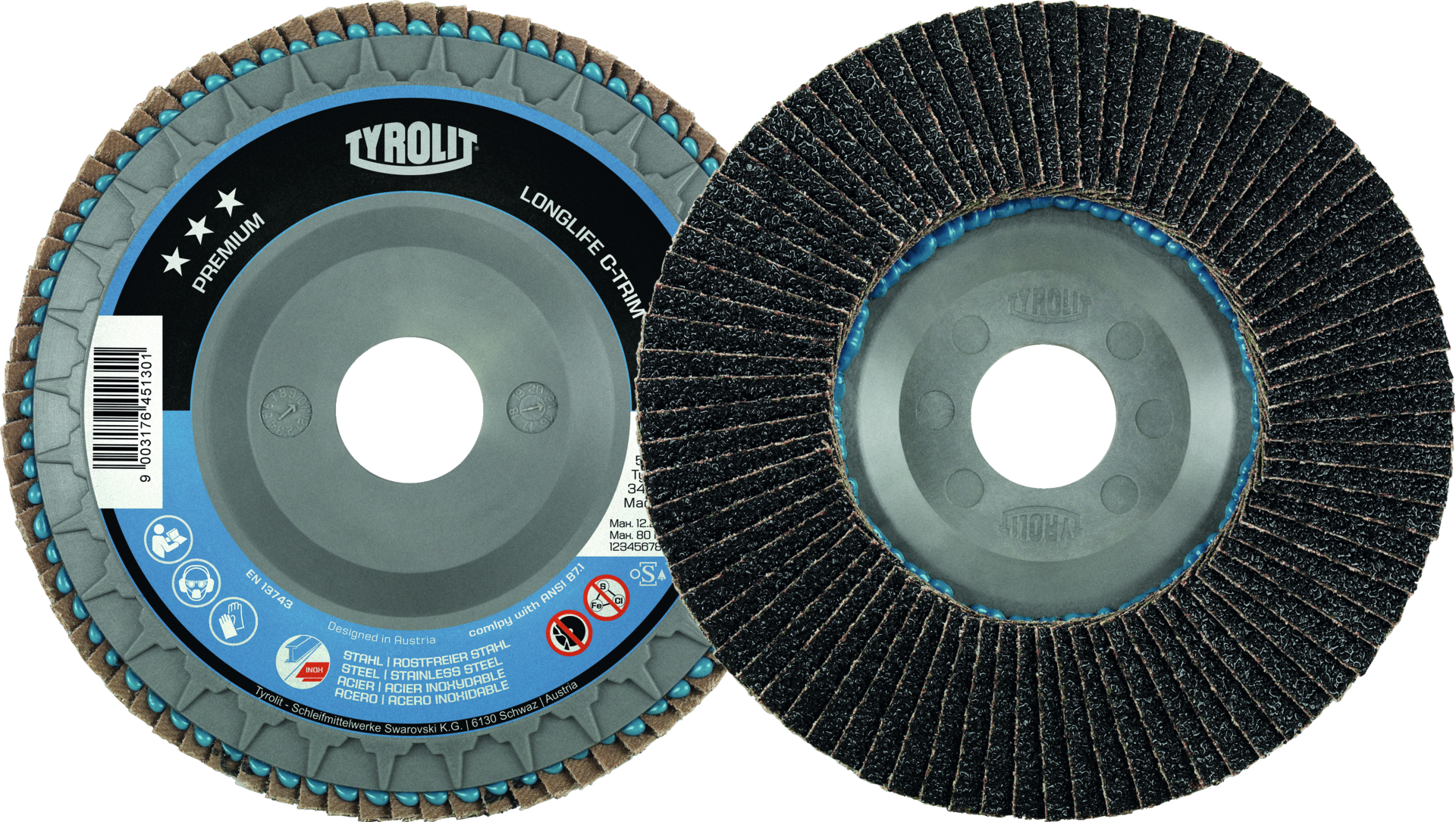 Fächerschleifscheibe Premium Longlife C-TRIM Stahl/VA gerade D125mm K80