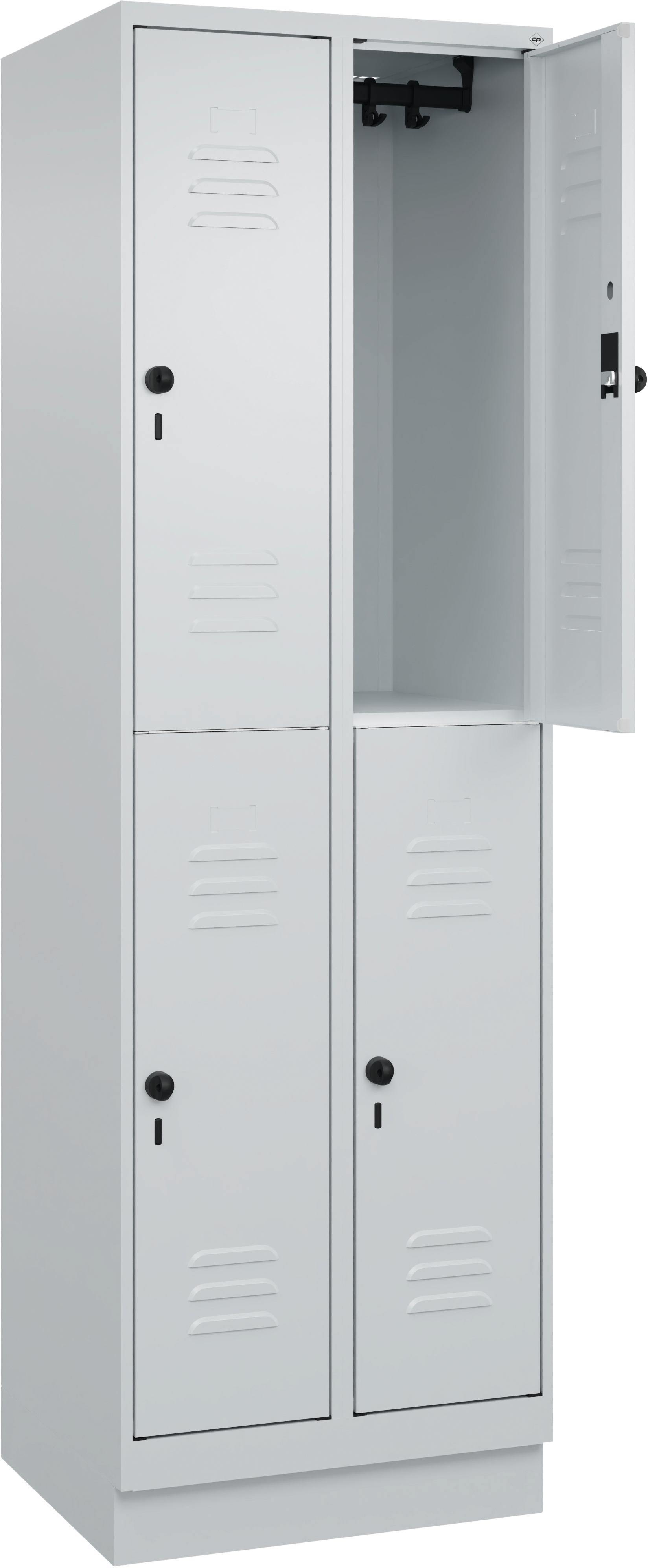 Doppel-Garderobenschrank 2 Fächer übereinander mit Sockel RAL7035 B600 x H1950 x T500mm 4 Fächer