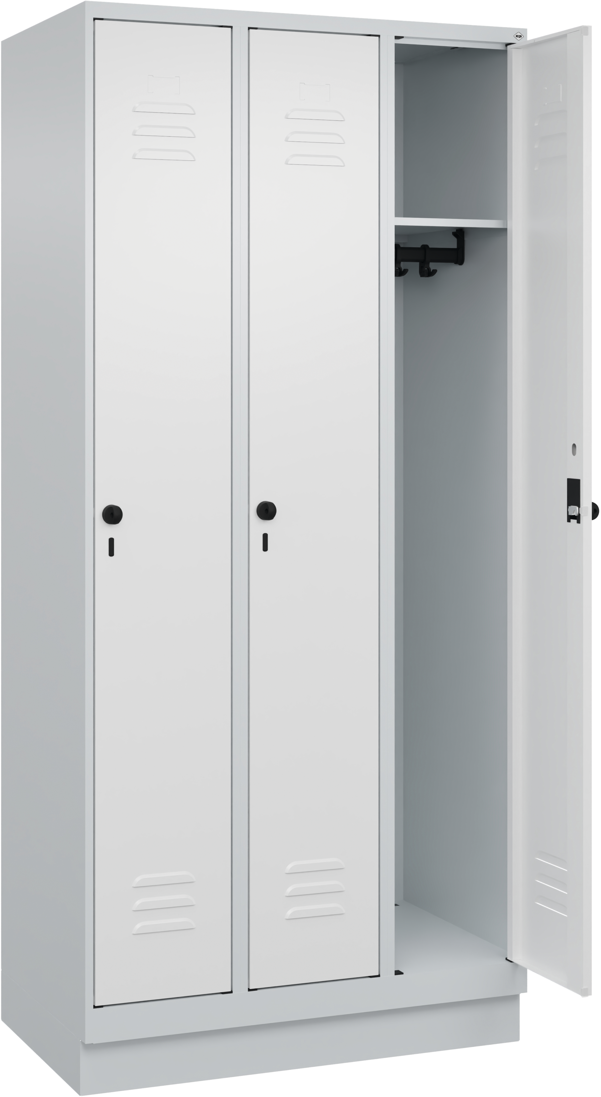 Garderobenschrank mit Sockel 3 Abteile 300mm RAL7035 H1950 x T500 x B900mm